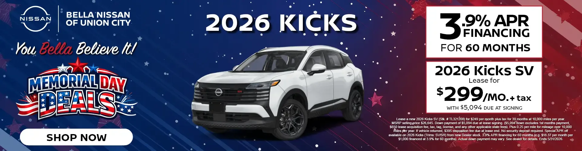 2026 Nissan Kicks 3.9 percent financing for 60 months or lease for 299 dollars monthly at Bella Nissan of Union City